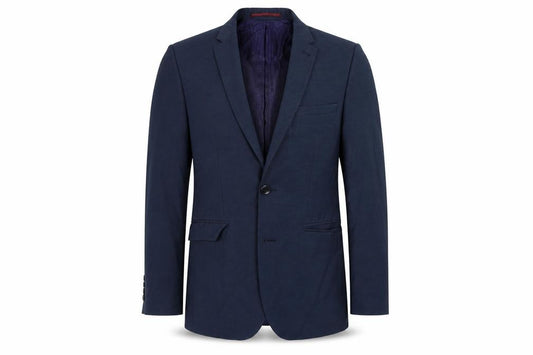 Front view of Burton men’s blue polyester jacket suit jacket, size 38, regular