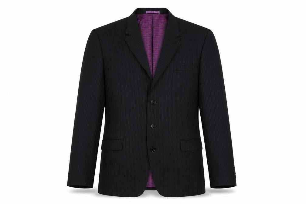 Front view of Next men’s black striped wool jacket suit jacket, size 44, regular
