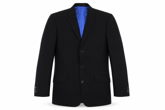 Front view of Vestiti Piu men’s black striped polyester jacket suit jacket, size 38, regular