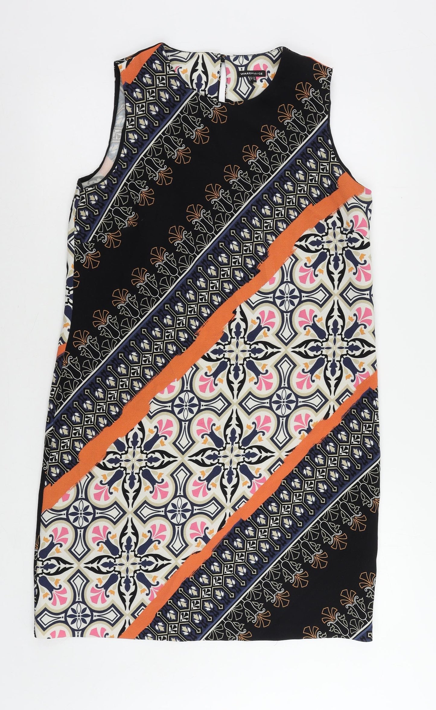 Warehouse Womens Multicoloured Geometric Polyester Shift Size 14 Round Neck Button