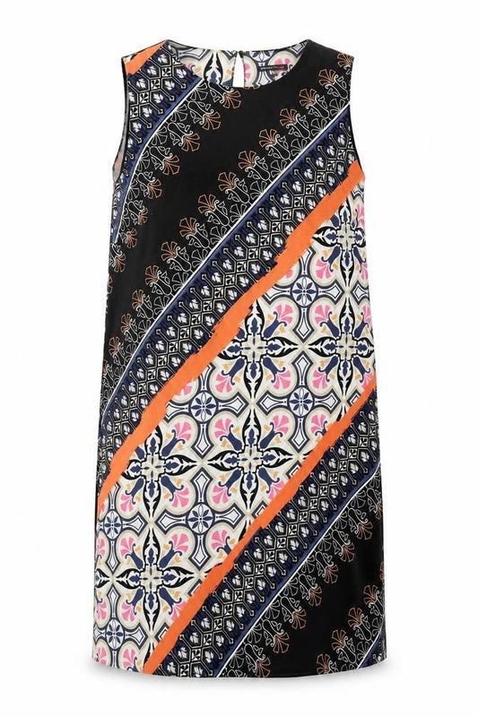 Front view of Warehouse women’s multicoloured geometric polyester shift, size UK 14, round neck button