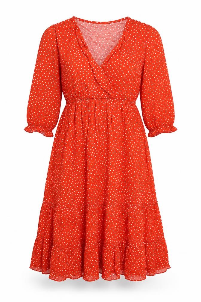 Front view of JoJo Maman Bébé women’s red polka dot viscose a-line, size M, v-neck pullover