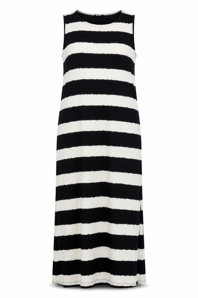 Front view of M&Co women’s black striped polyester maxi, size UK 16, round neck pullover