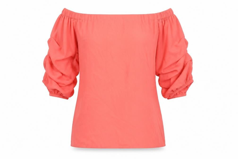 Front view of Dorothy Perkins women’s pink polyester basic blouse, size UK 8, off the shoulder