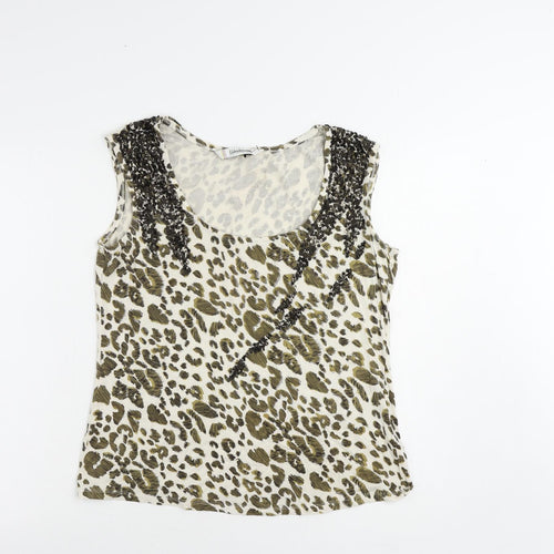 Kaleidoscope Womens Ivory Animal Print Viscose Basic Tank Size 14 Scoop Neck - Sequin
