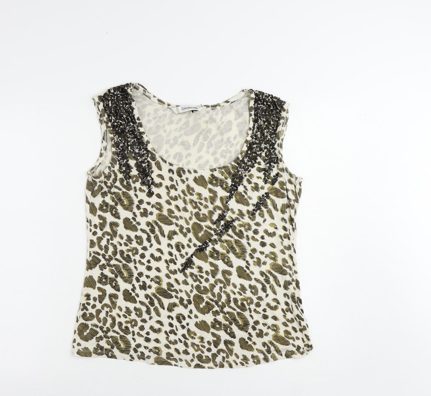 Kaleidoscope Womens Ivory Animal Print Viscose Basic Tank Size 14 Scoop Neck - Sequin