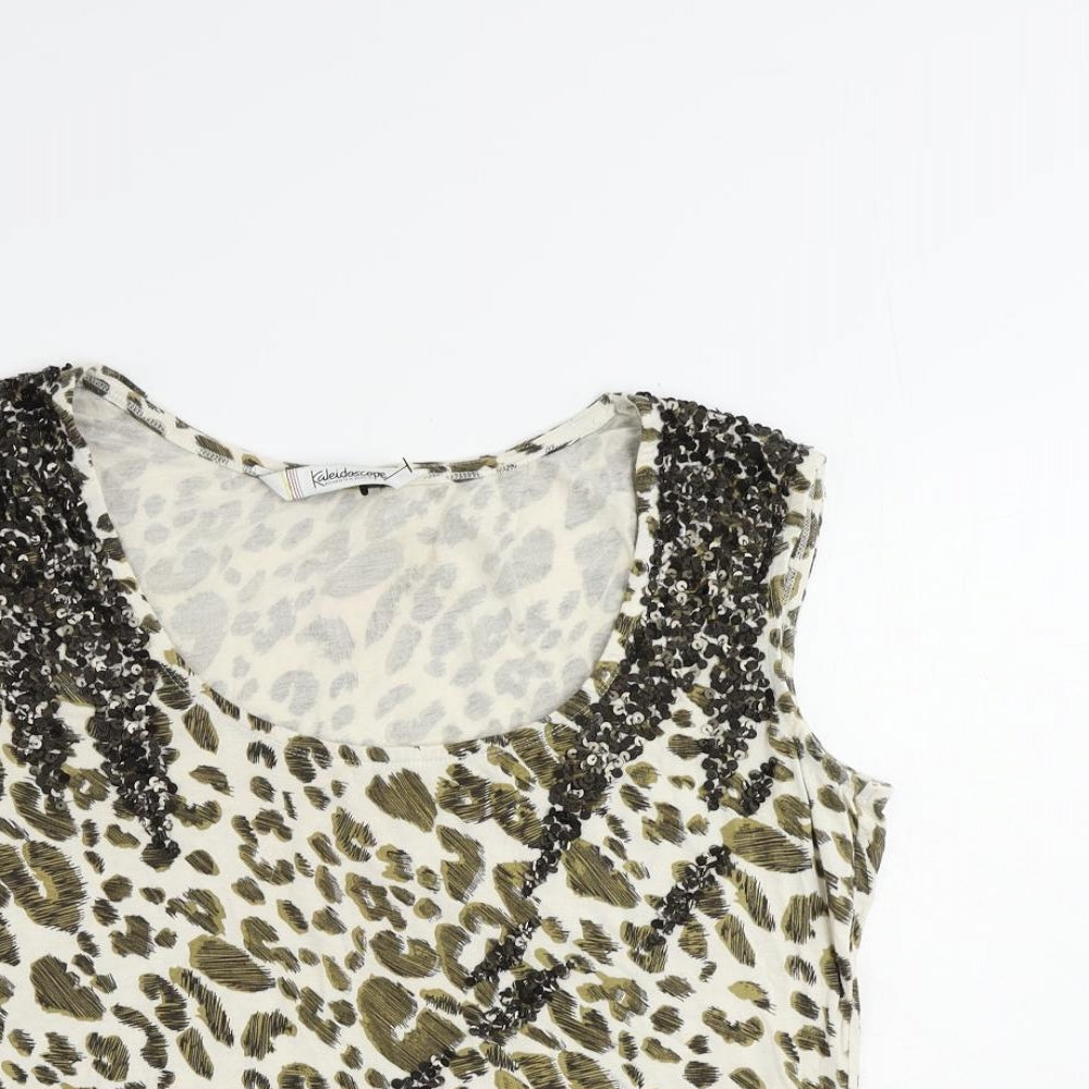 Kaleidoscope Womens Ivory Animal Print Viscose Basic Tank Size 14 Scoop Neck - Sequin