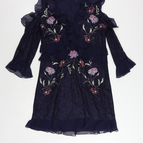 Very Womens Blue Floral Polyester A-Line Size 16 V-Neck Zip - Ruffle