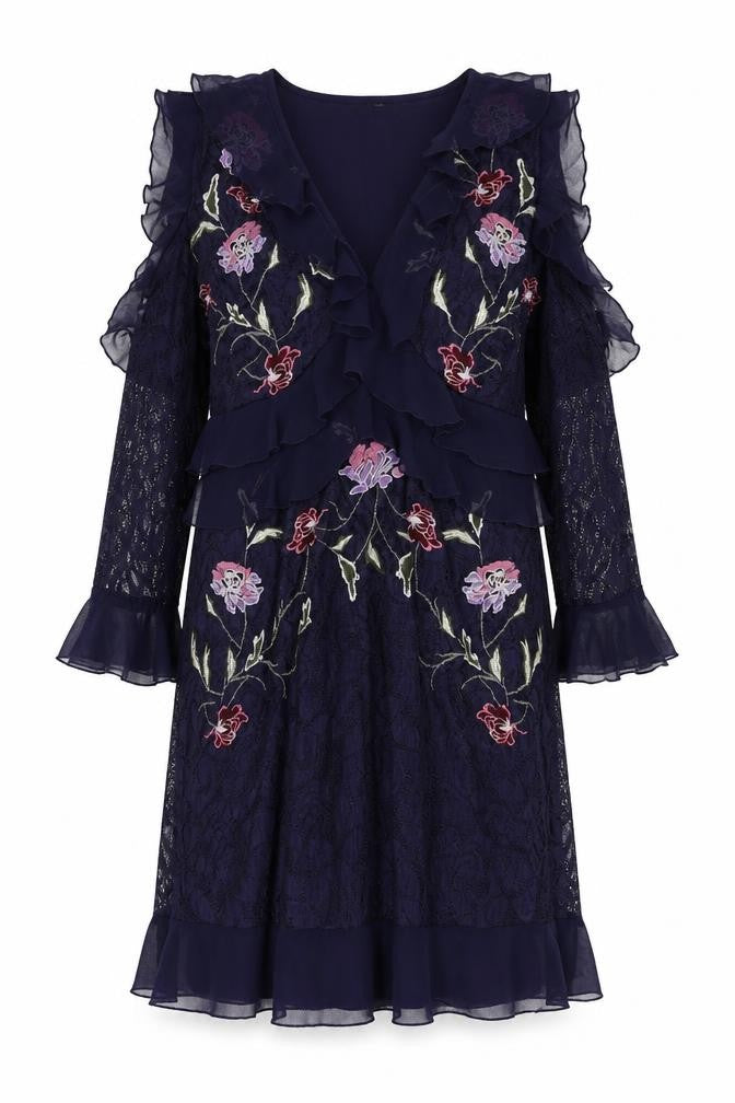Front view of Very women’s blue floral polyester a-line, size UK 16, v-neck zip - ruffle