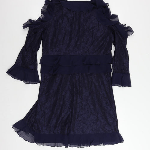 Very Womens Blue Floral Polyester A-Line Size 16 V-Neck Zip - Ruffle