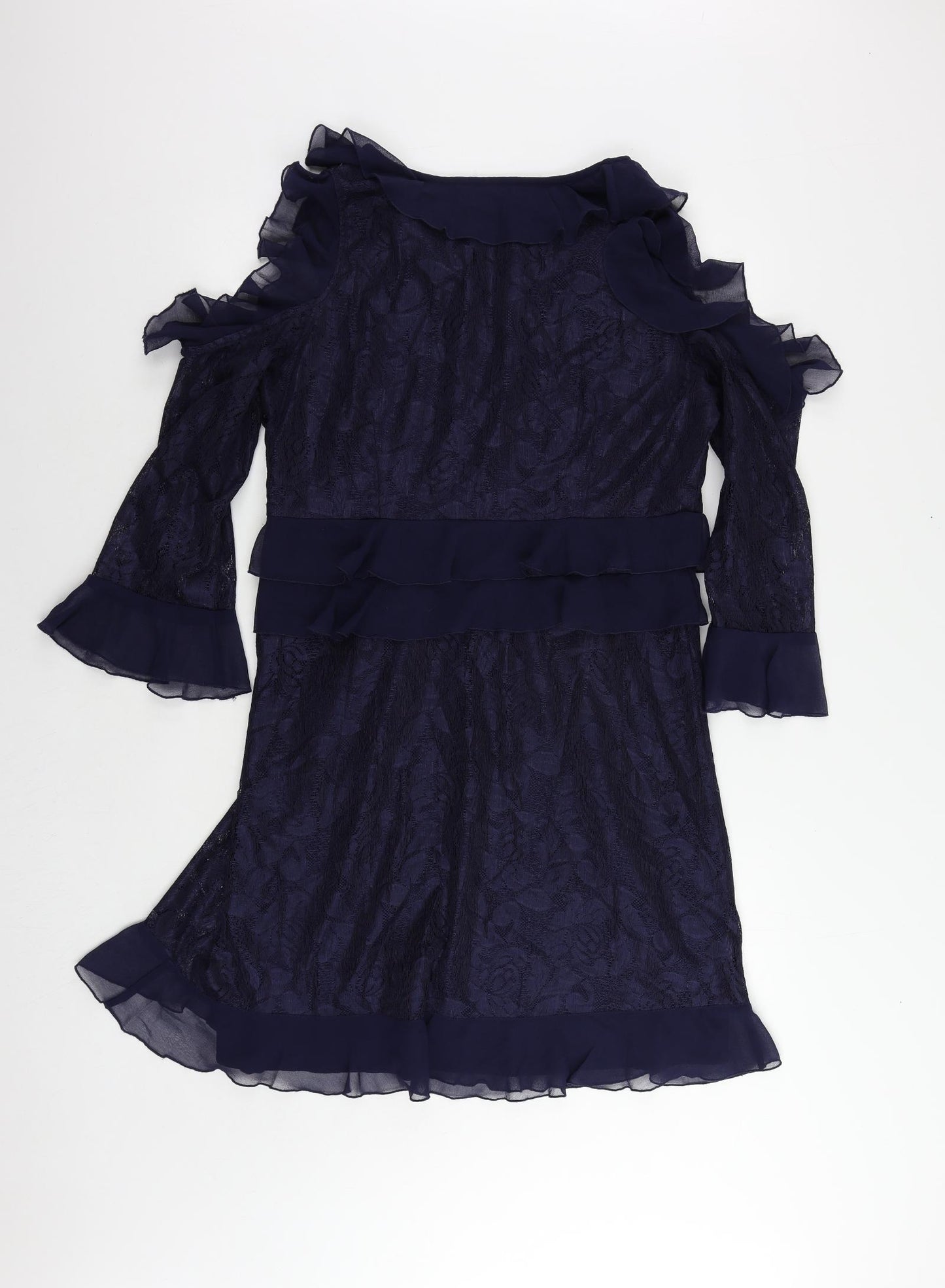 Very Womens Blue Floral Polyester A-Line Size 16 V-Neck Zip - Ruffle
