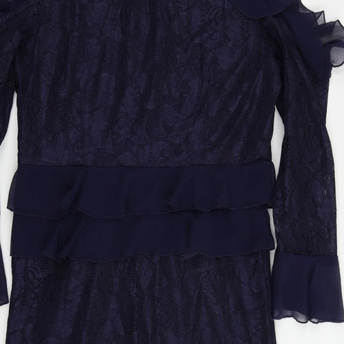 Very Womens Blue Floral Polyester A-Line Size 16 V-Neck Zip - Ruffle
