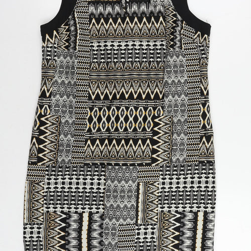Debenhams Womens Black Geometric Polyester Shift Size 12 Boat Neck Zip