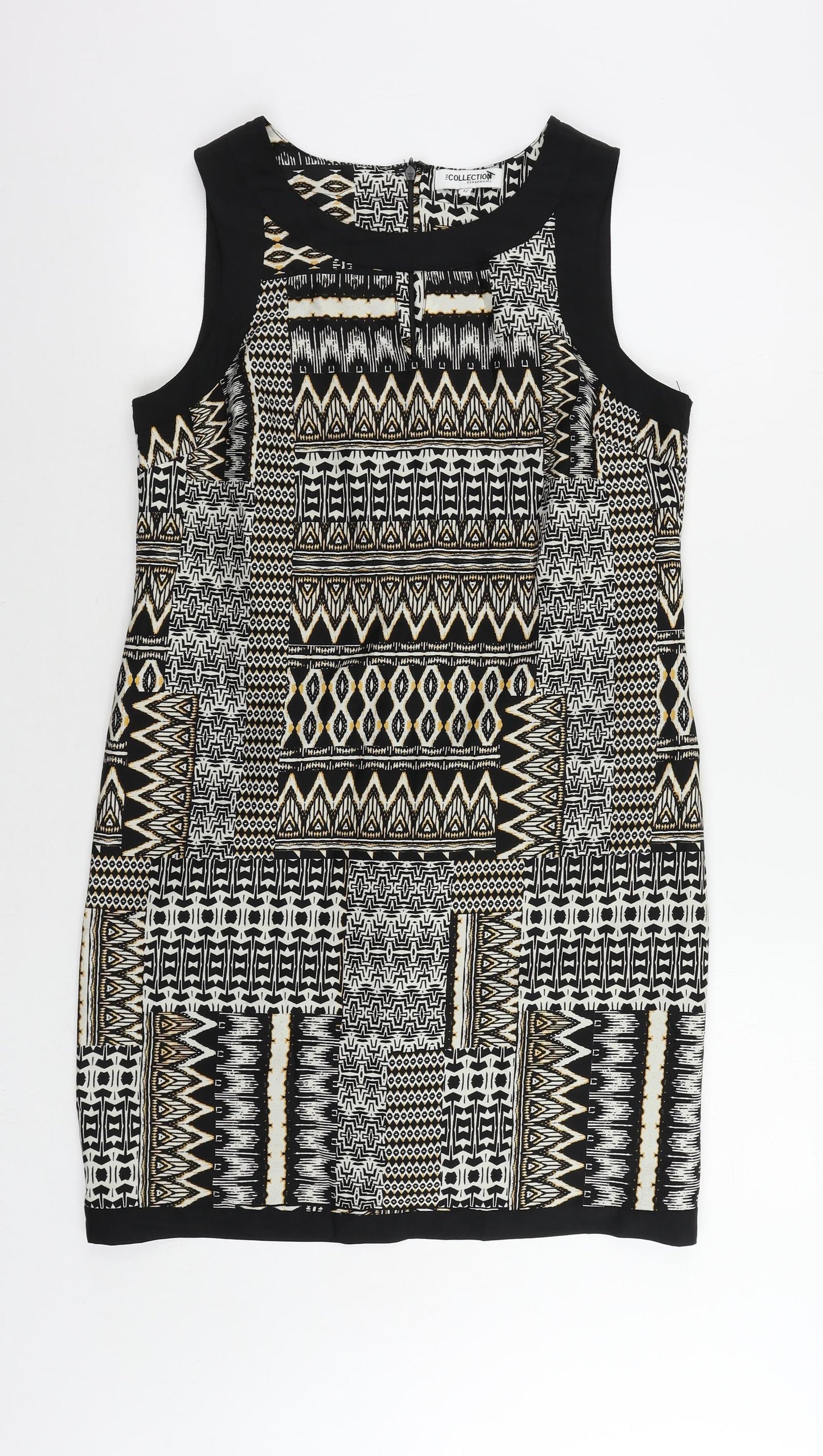Debenhams Womens Black Geometric Polyester Shift Size 12 Boat Neck Zip