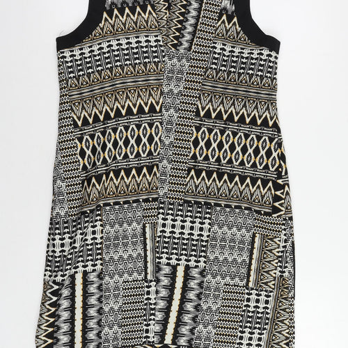 Debenhams Womens Black Geometric Polyester Shift Size 12 Boat Neck Zip