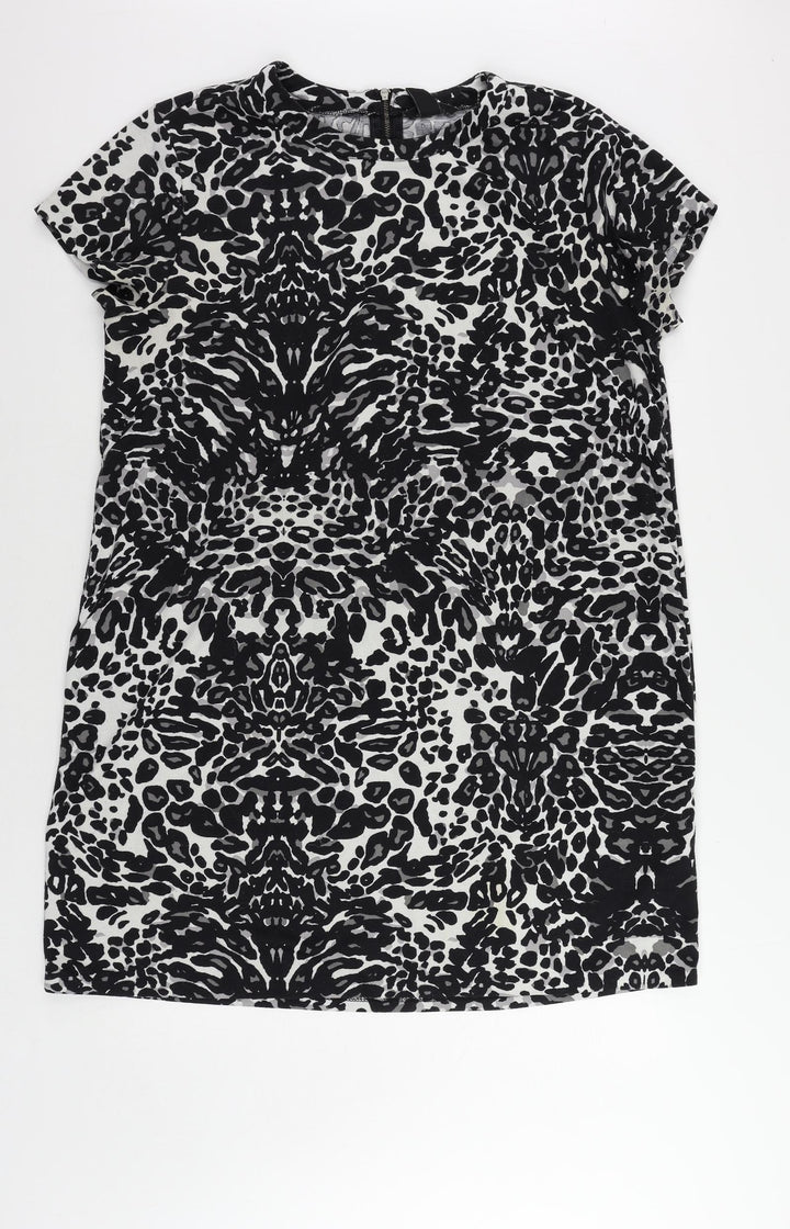 H&M Womens Black Animal Print Polyester T-Shirt Dress Size XL Round Neck Zip