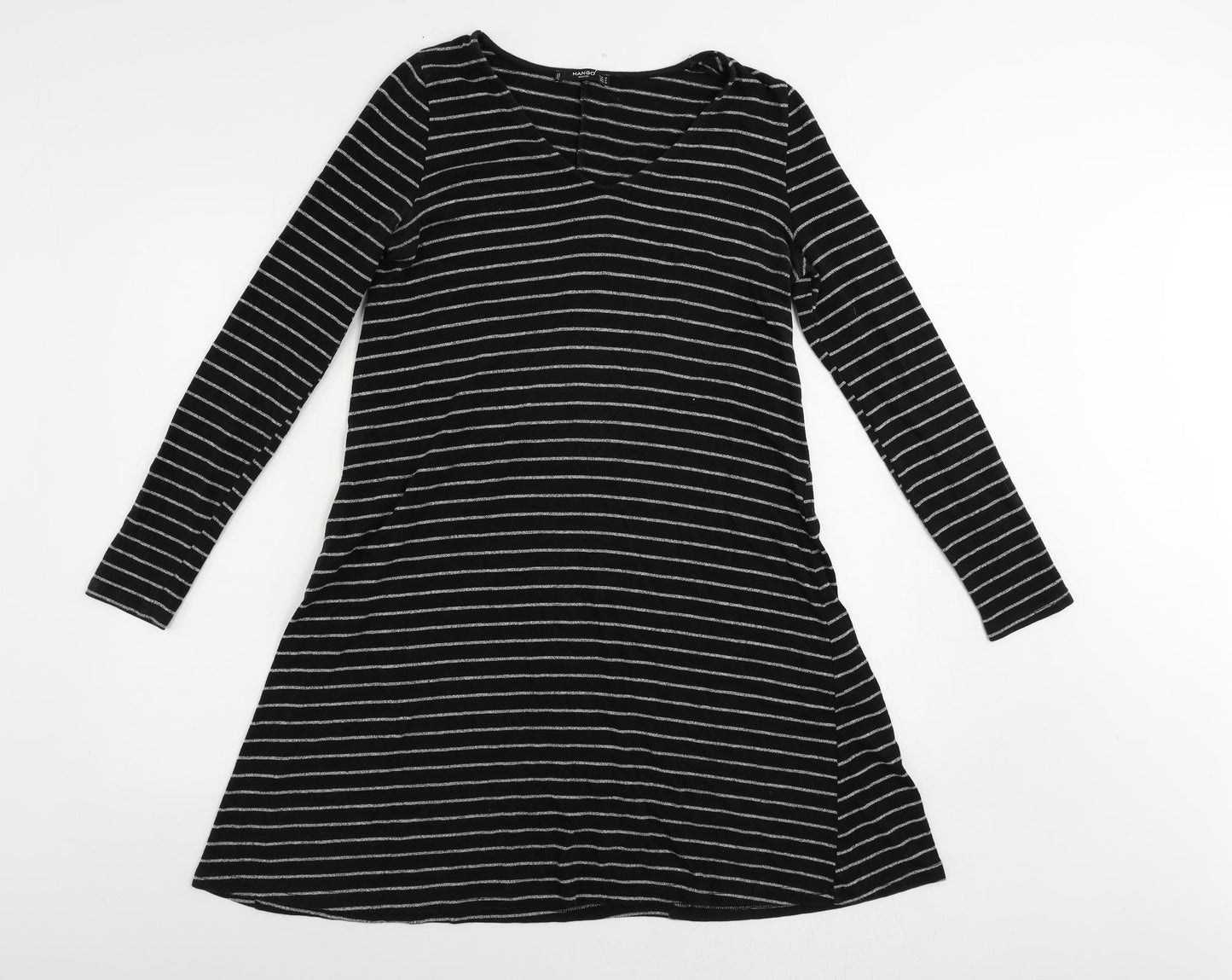 Mango Womens Black Striped Polyester Jumper Dress Size M V-Neck Pullover