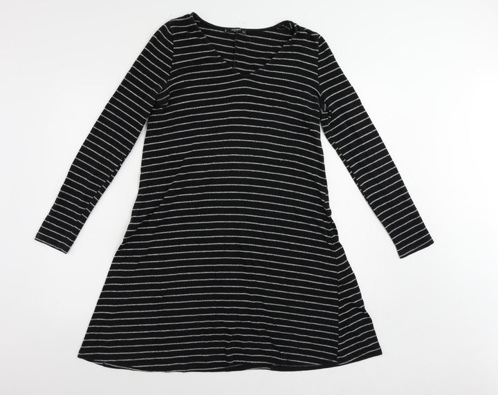 Mango Womens Black Striped Polyester Jumper Dress Size M V-Neck Pullover