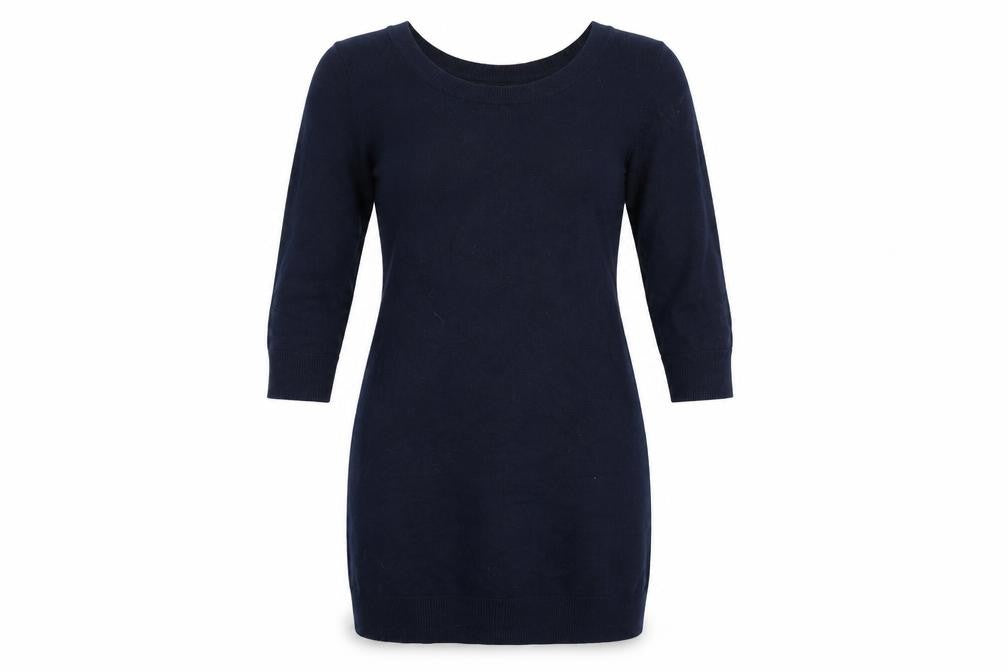 Front view of H&M women’s blue viscose jumper dress, size S, scoop neck pullover