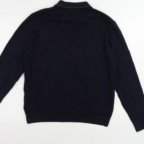 Marks and Spencer Mens Blue Collared Cotton Pullover Jumper Size L Long Sleeve