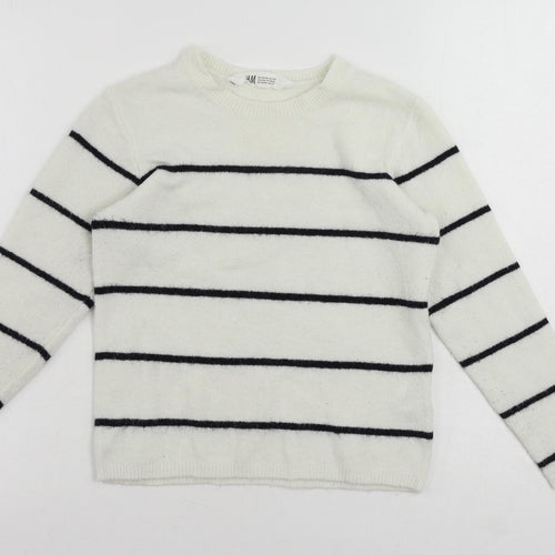 H&M Girls White Crew Neck Striped Acrylic Pullover Jumper Size 9-10 Years Pullover
