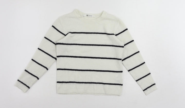 H&M Girls White Crew Neck Striped Acrylic Pullover Jumper Size 9-10 Years Pullover