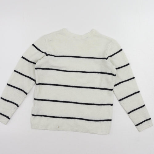 H&M Girls White Crew Neck Striped Acrylic Pullover Jumper Size 9-10 Years Pullover