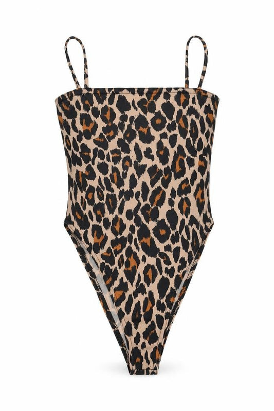Front view of Boohoo women’s beige animal print polyester bodysuit one-piece, size UK 6, pullover