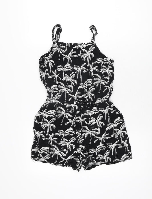 H&M Girls Black Geometric Viscose Playsuit One-Piece Size 12-13 Years Drawstring