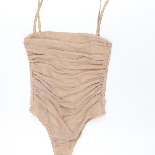 PRETTYLITTLETHING Womens Beige Polyester Bodysuit One-Piece Size 6 Snap