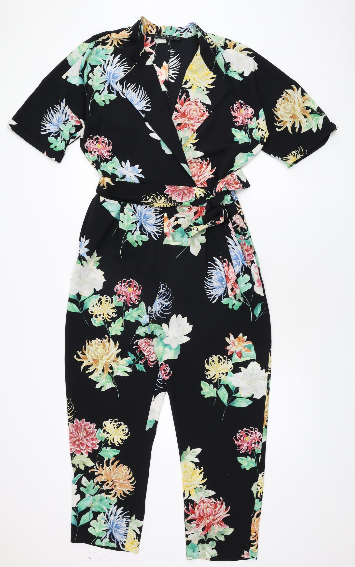 Zara Womens Black Floral Polyester Jumpsuit One-Piece Size M L26 in Zip