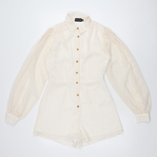 PRETTYLITTLETHING Womens Ivory Striped Polyester Playsuit One-Piece Size 8 L3 in Button