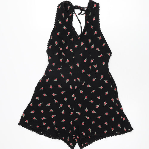 Topshop Womens Black Floral Viscose Playsuit One-Piece Size 10 L3 in Zip