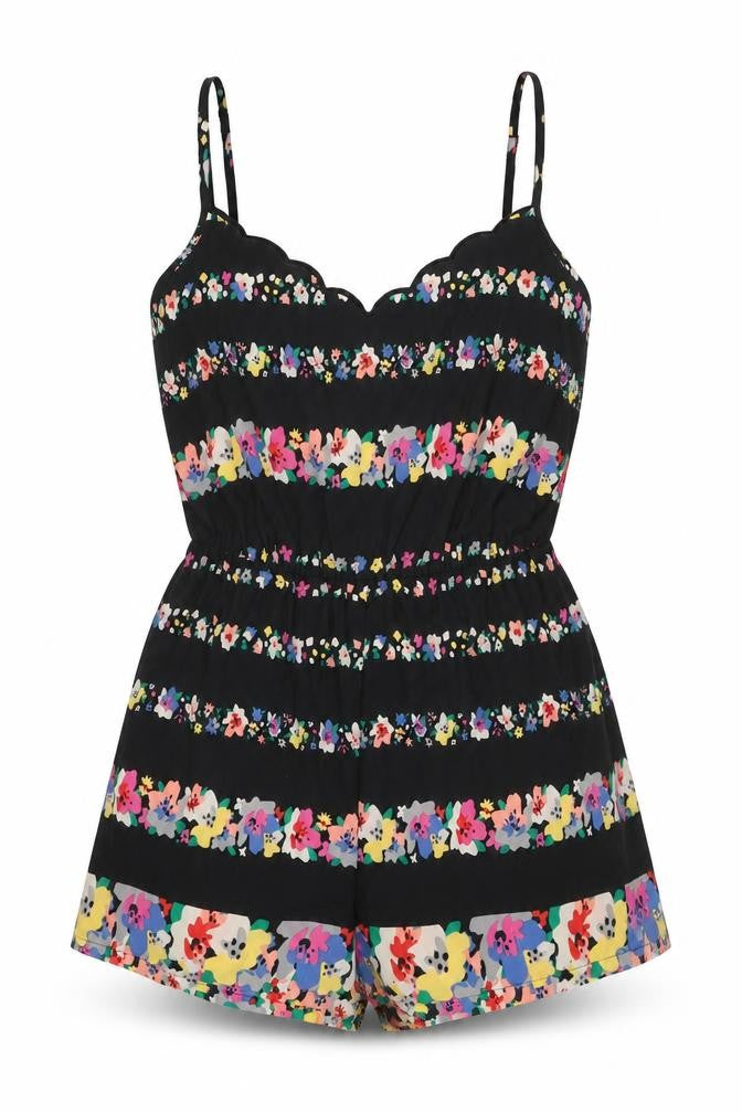 Front view of Staring at Stars women’s black floral polyester playsuit one-piece, size XS, pullover