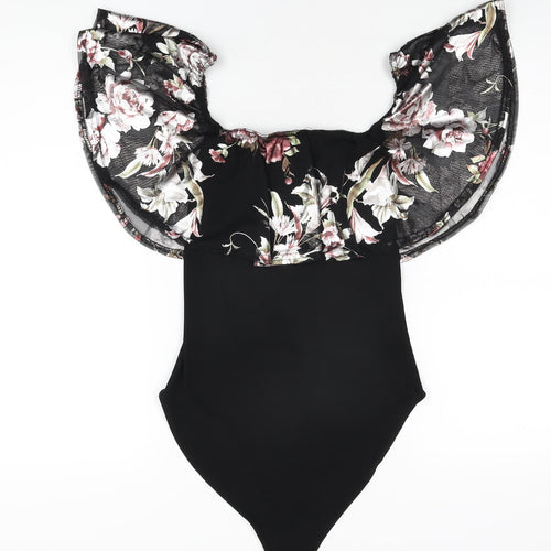 New Look Womens Black Floral Polyester Bodysuit One-Piece Size 12 Snap