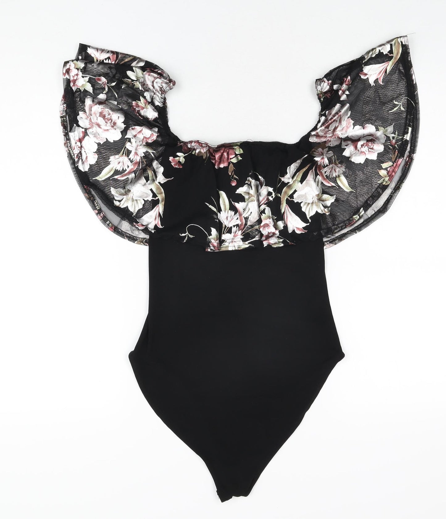 New Look Womens Black Floral Polyester Bodysuit One-Piece Size 12 Snap