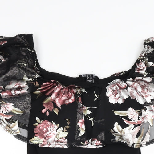 New Look Womens Black Floral Polyester Bodysuit One-Piece Size 12 Snap