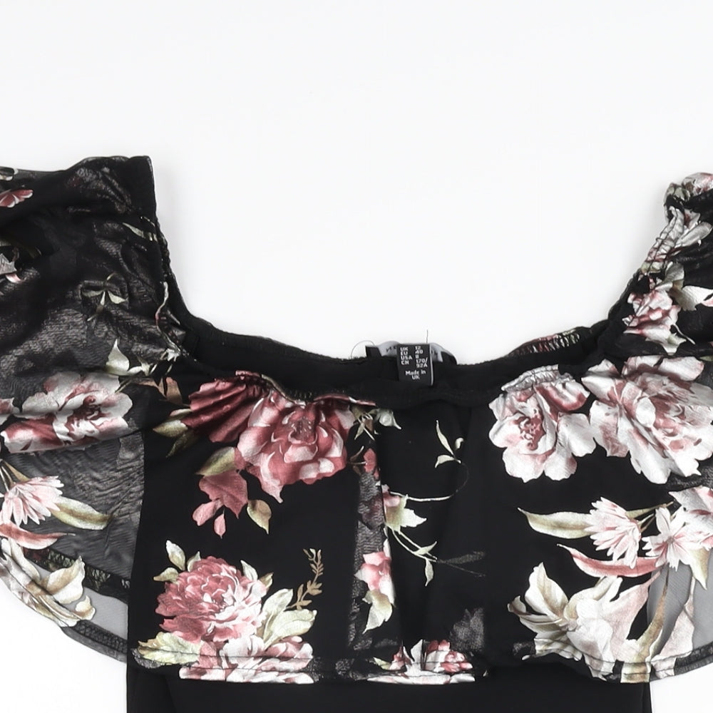 New Look Womens Black Floral Polyester Bodysuit One-Piece Size 12 Snap