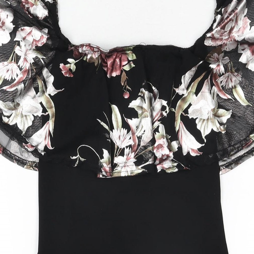 New Look Womens Black Floral Polyester Bodysuit One-Piece Size 12 Snap