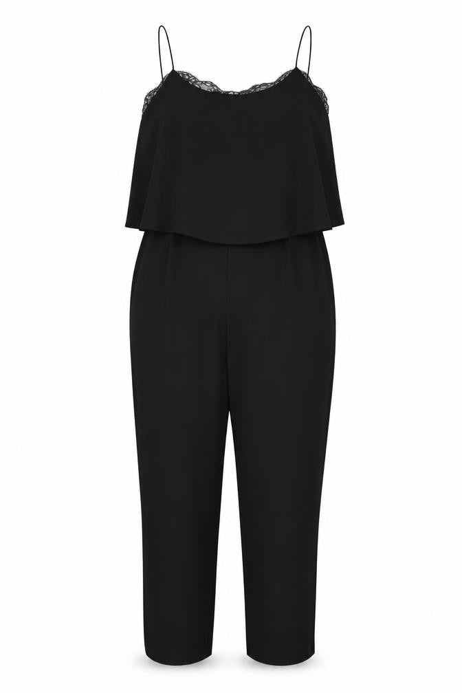 Front view of Zara women’s black polyester jumpsuit one-piece, size S, 25-inch leg zip