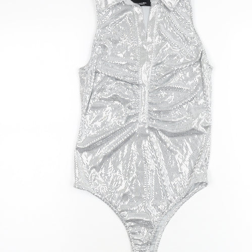 Bershka Womens Silver Polyester Bodysuit One-Piece Size M Snap