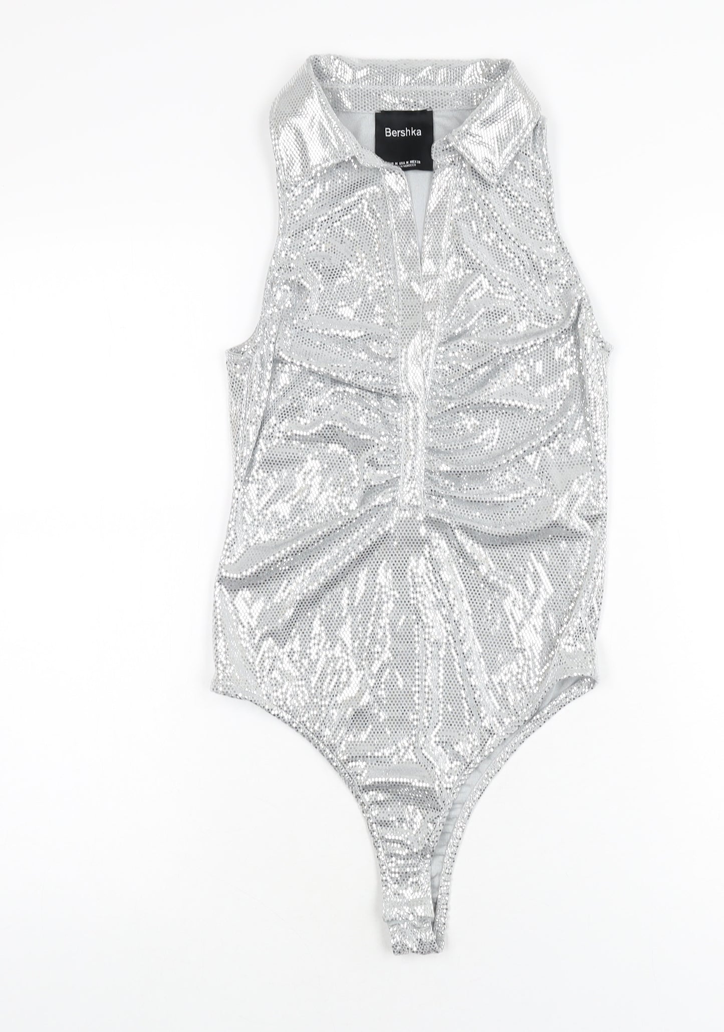 Bershka Womens Silver Polyester Bodysuit One-Piece Size M Snap