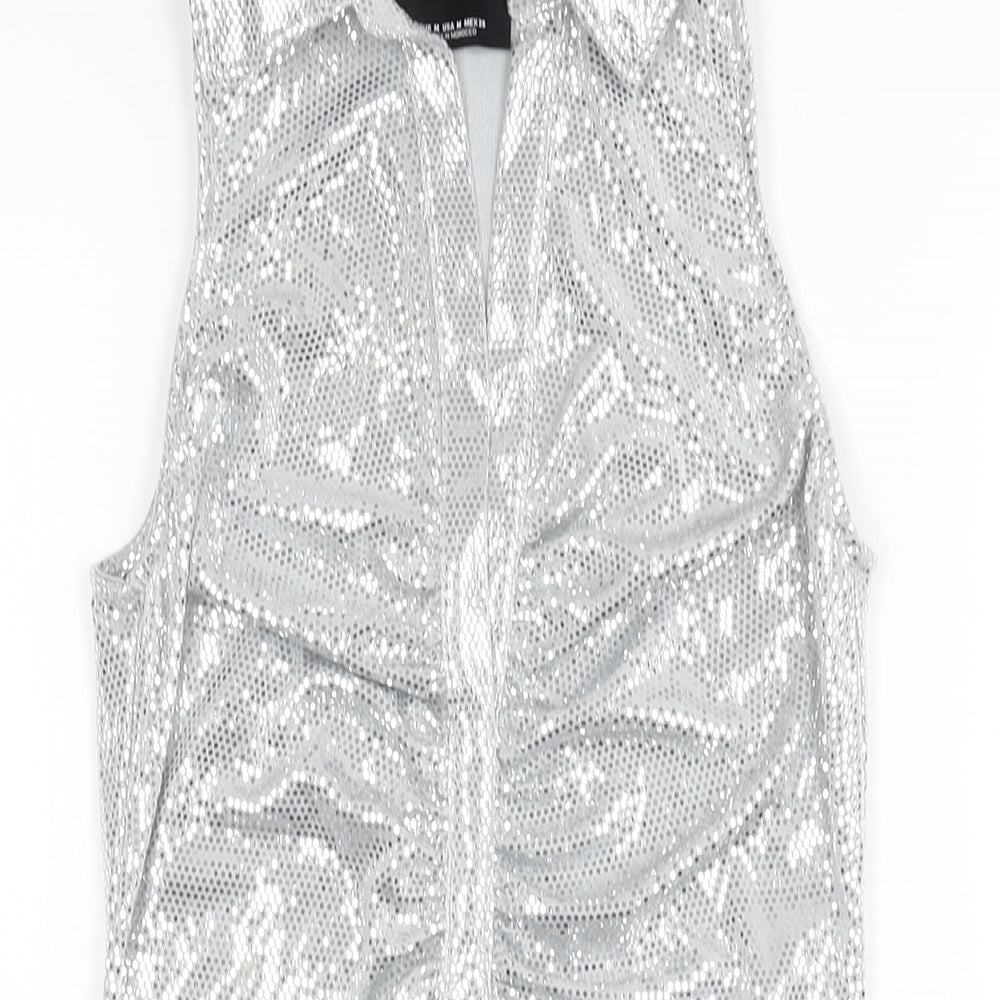 Bershka Womens Silver Polyester Bodysuit One-Piece Size M Snap