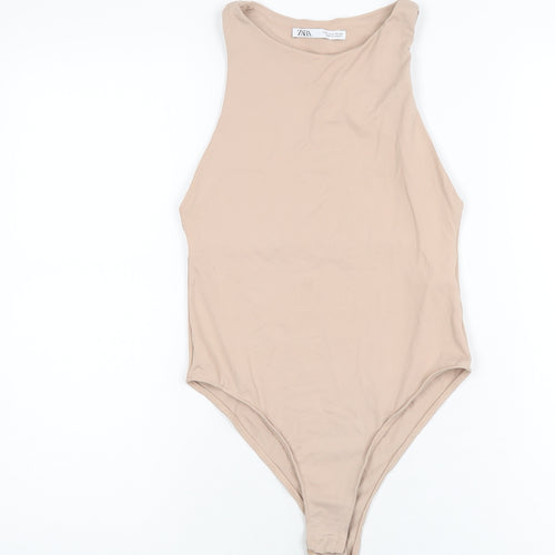 Zara Womens Beige Polyamide Bodysuit One-Piece Size S Snap