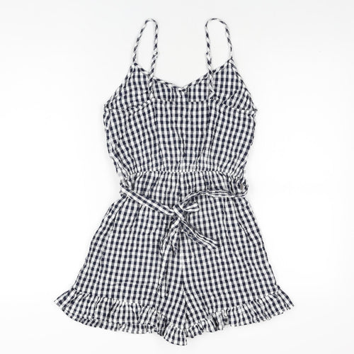New Look Womens Blue Gingham Cotton Playsuit One-Piece Size 8 L3 in Button