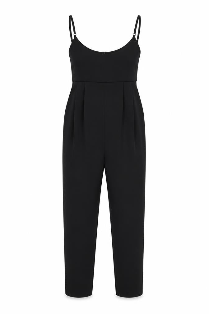 Front view of One More women’s black polyester jumpsuit one-piece, size S, 22-inch leg zip
