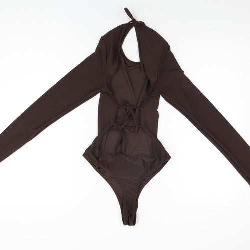 PRETTYLITTLETHING Womens Brown Polyester Bodysuit One-Piece Size 10 Tie