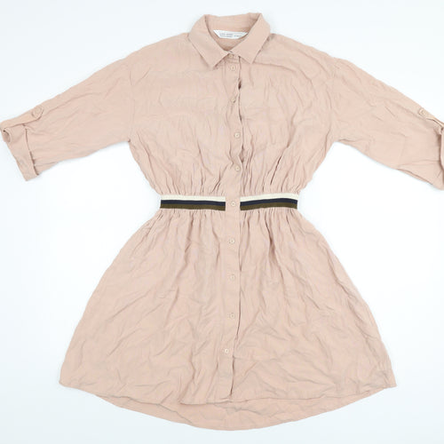 Zara Womens Pink Polyester Shirt Dress Size XS Collared Button