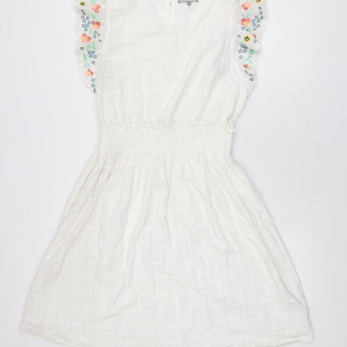 Oliver Bonas Womens White Floral Cotton A-Line Size 16 Round Neck Button