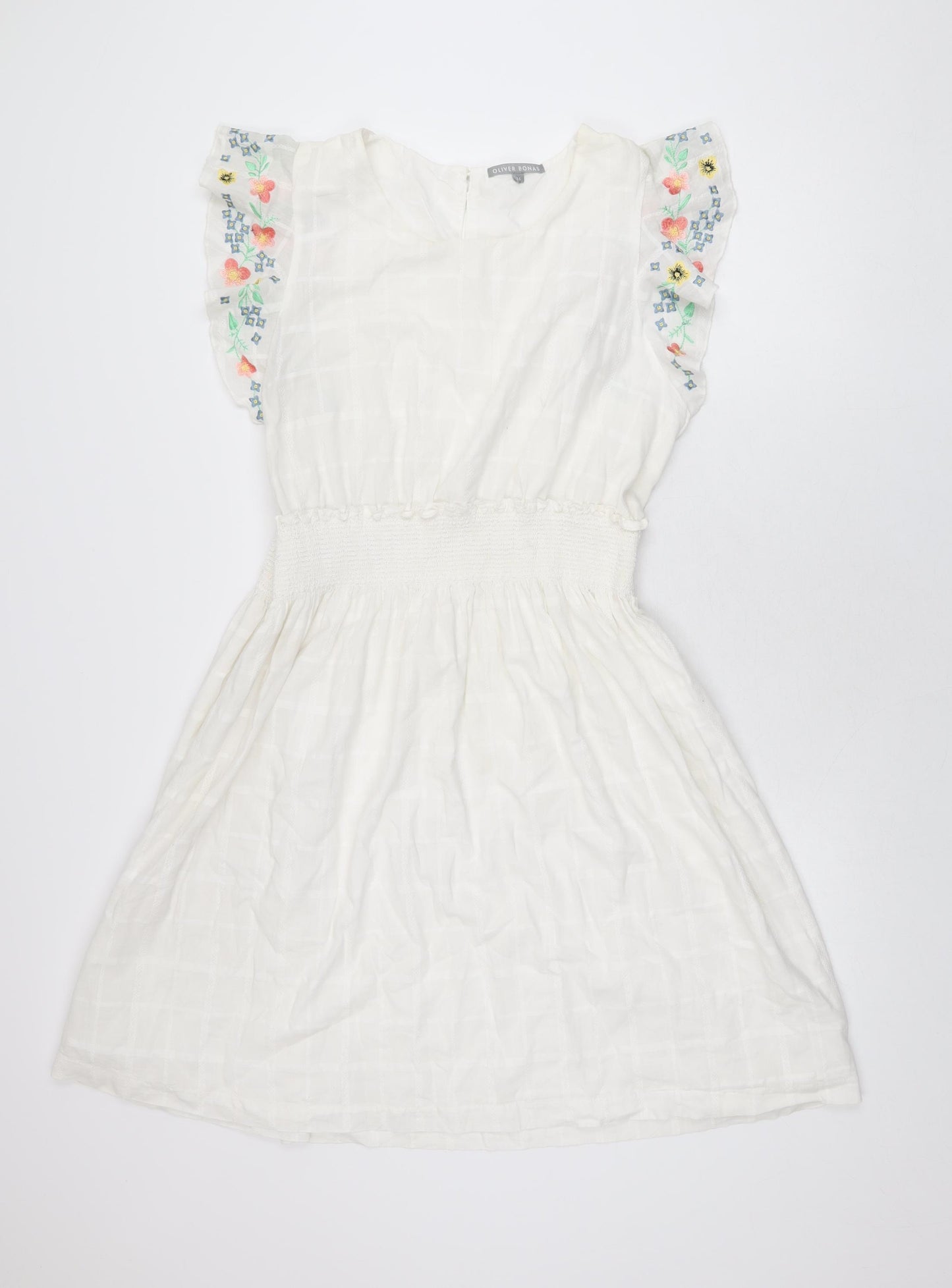 Oliver Bonas Womens White Floral Cotton A-Line Size 16 Round Neck Button